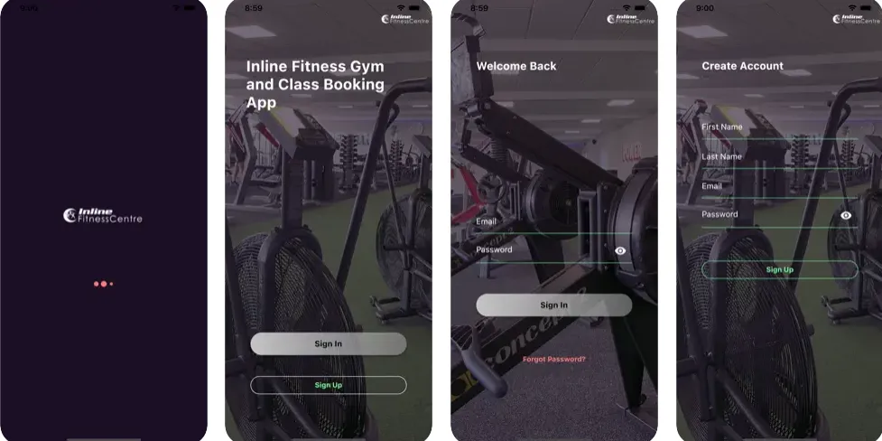Inline Fitness Centre app screens